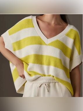 Maeve by Anthropologie V-Neck Sweater 2X Yellow White Striped